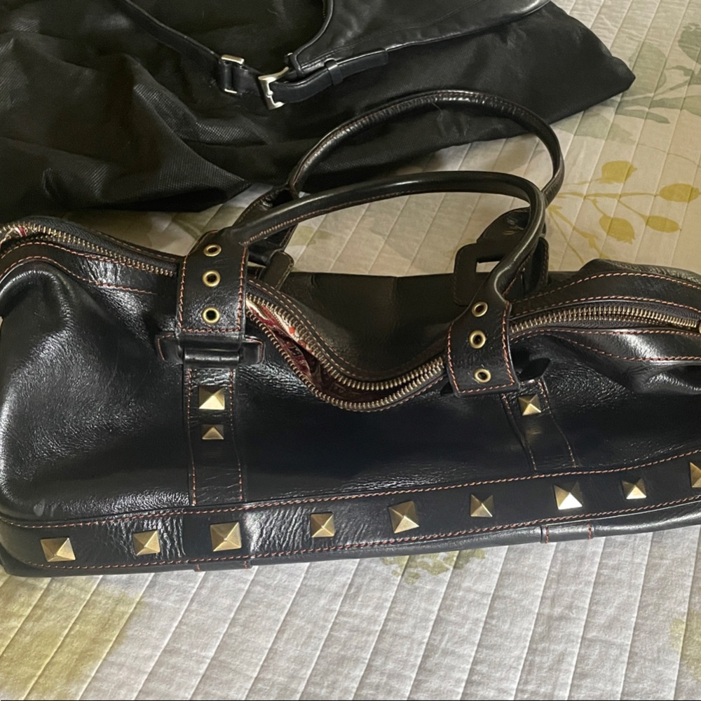 Maxx New York Black Leather Shoulder Bag with Gold Accents
